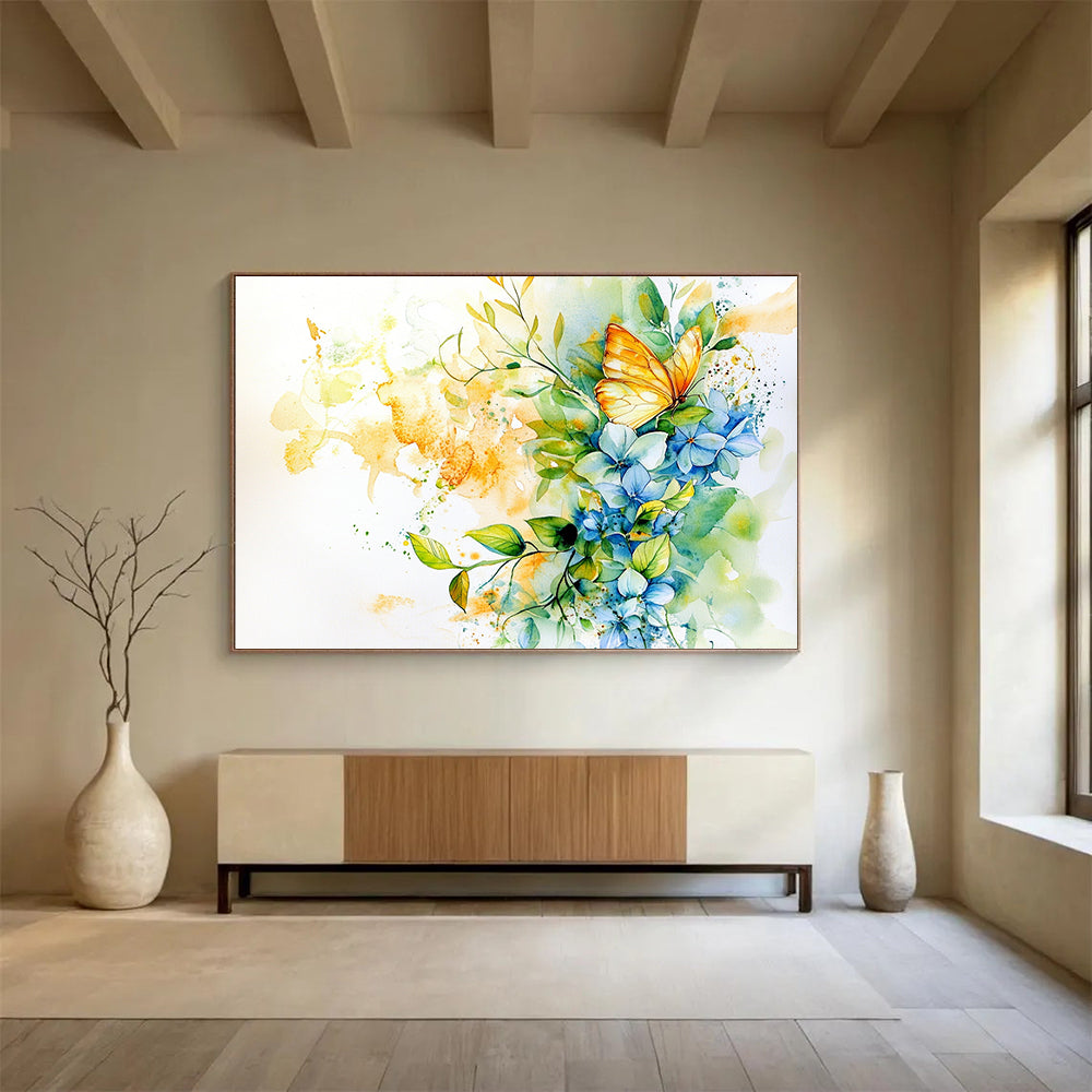 “Vibrant Butterfly & Blooms” - Blue, Yellow, Butterfly, Flowers Painting On Canvas HB0761