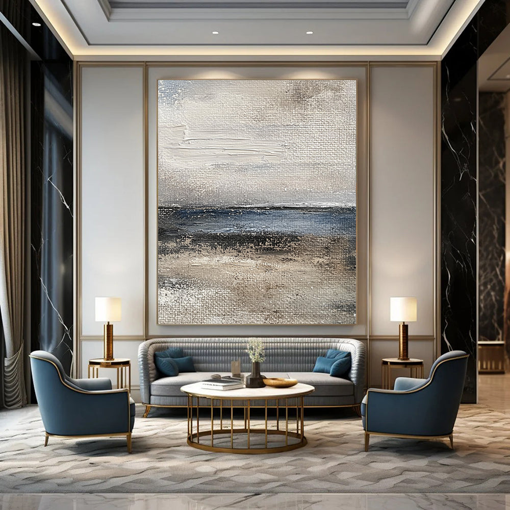 Contemporary abstract painting captures the ocean's essence with textured brushstrokes in muted gray and blue tones for a vintage feel. DLZ1077