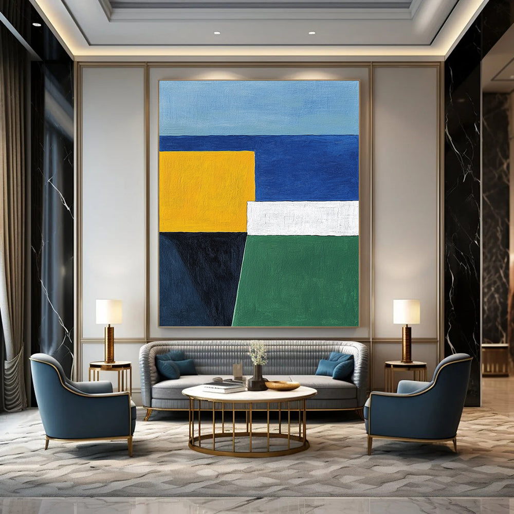 Contemporary hand-painted abstract art featuring blue white and yellow geometric shapes with a minimalist style of yellow green and navy colors. DLZ1320