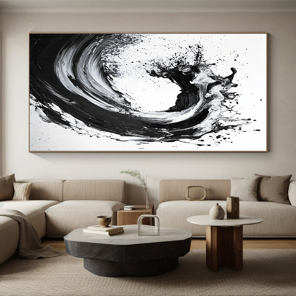 Black, White, Cascading Ink Splash "Ink Cascade" Abstract Expressionist Painting On Canvas HB135