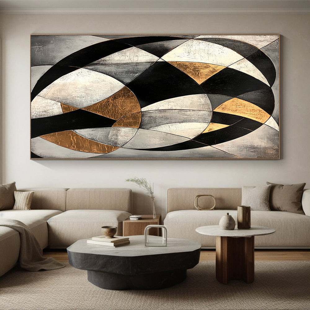 Gray, Black, White, Gold, Curved Geometry "Celestial Arc" Abstract Cosmic - Inspired Painting On Canvas HB079