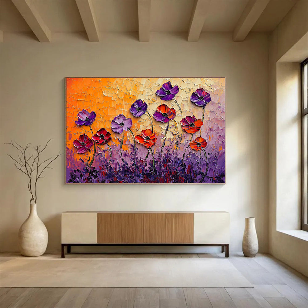 “Textured Poppy Field” - Purple, Orange, Pink - 3D Textured Flowers - Impasto Painting HB1297