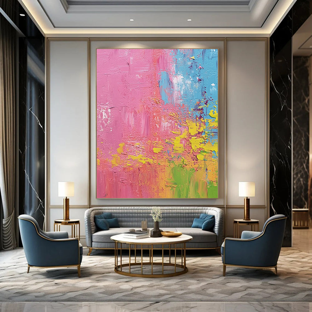 Contemporary hand-painted abstract artwork featuring pink lime green and blue highlights in a textured farmhouse scene that captures the essence of springtime. DLZ0783