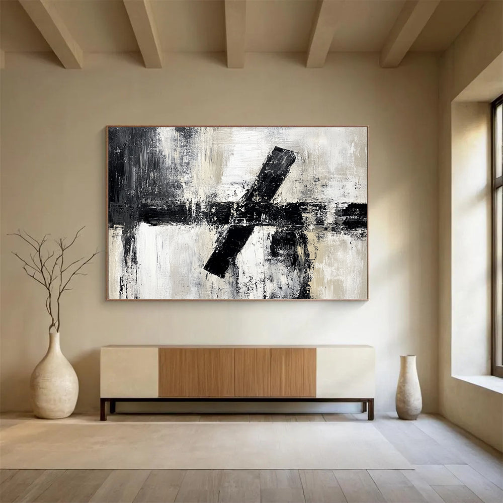 “Textured Black - White Cross Abstraction” - Black, White, Gray, Textured Crosses Painting On Canvas HB0803
