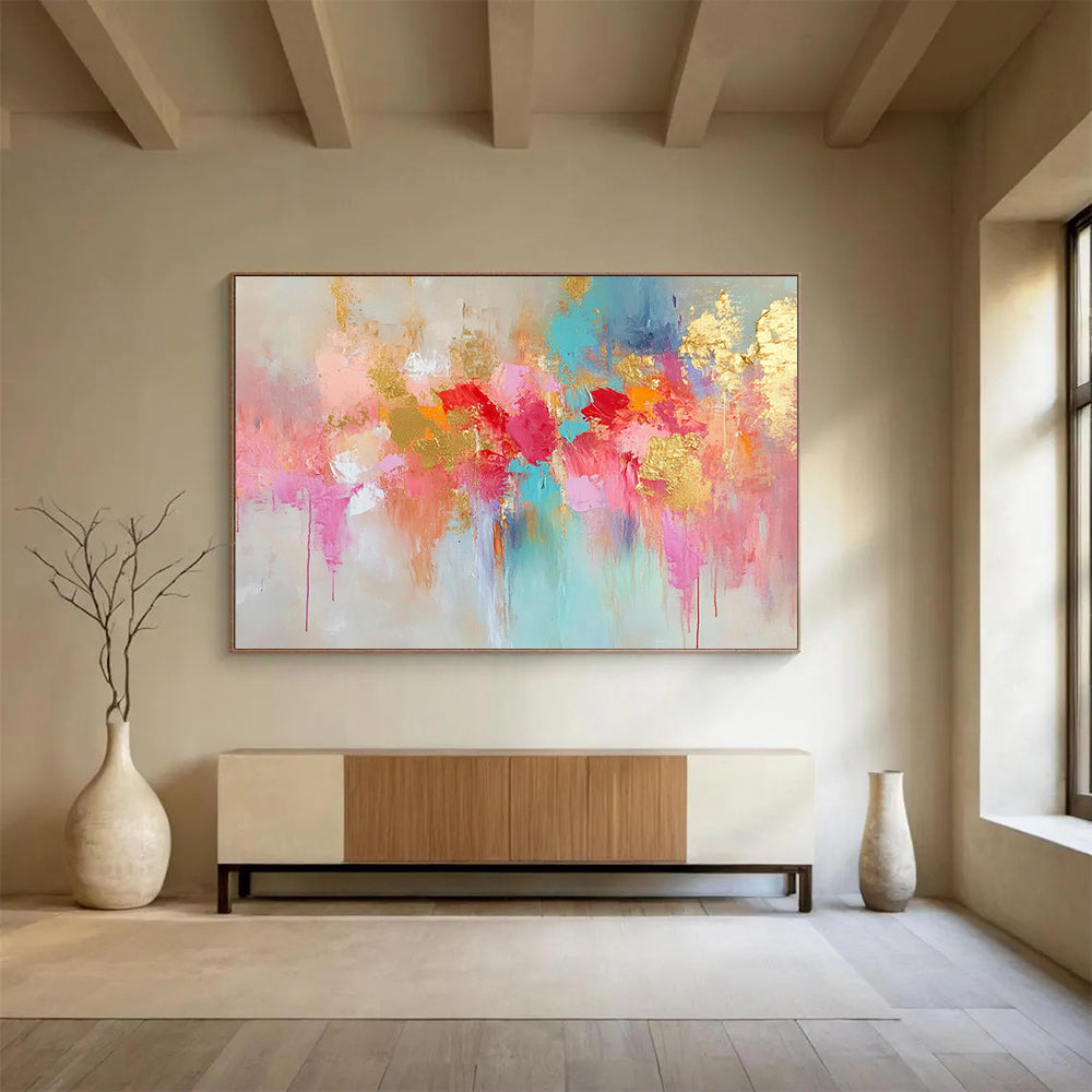 “Pink Gold Blue Abstract Drips” - Pink, gold, blue, beige; Abstract drips with gold highlights HB1290