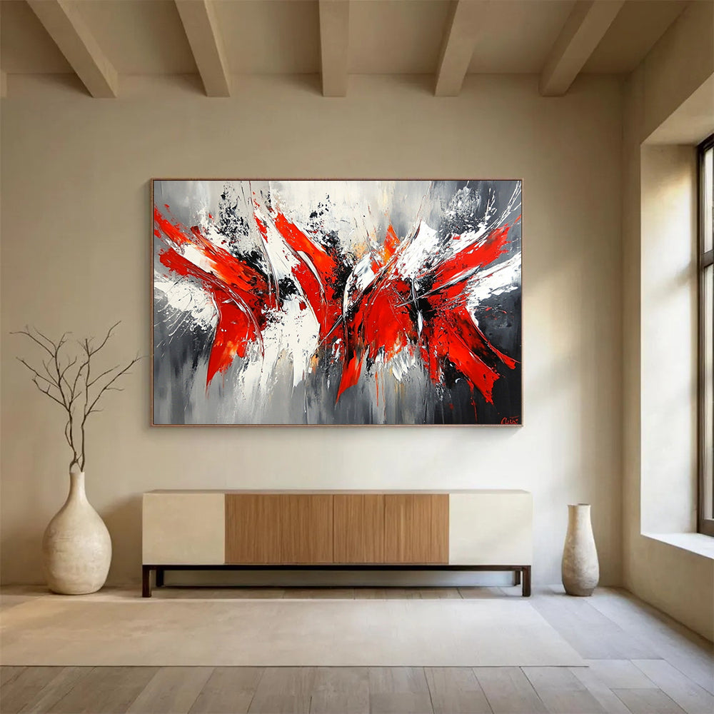 “Red & Gray Abstract Surge” - Bold reds, whites, grays, blacks; Dynamic abstract strokes; Abstract Expressionist Painting On Canvas HB1164