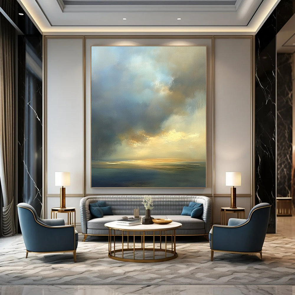 Contemporary abstract oil painting featuring an expansive sky in muted beige and blue tones with soft edges and atmospheric clouds. DLZ0888