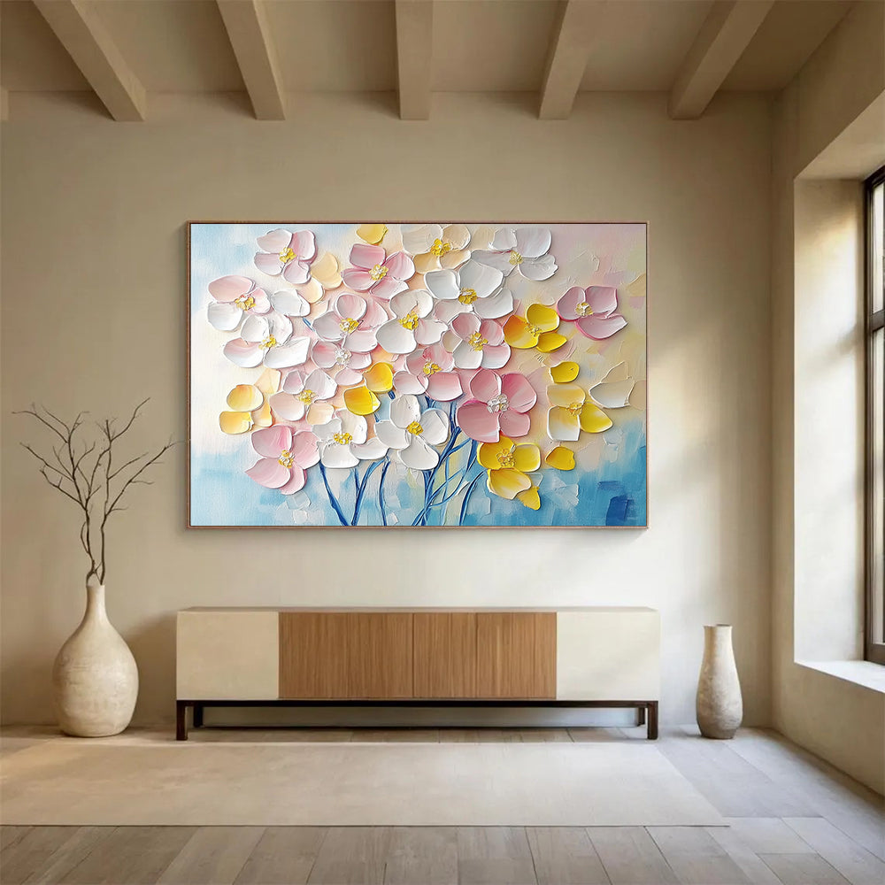 “3D Floral Burst” - Soft pinks, whites, yellows, blues; Textured, raised flower blooms; Impasto Floral Painting On Canvas HB1156