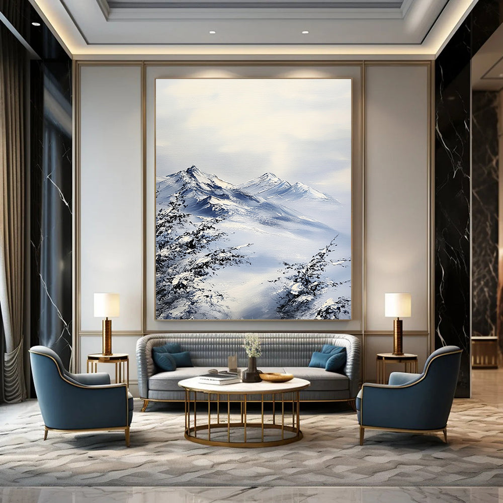 Contemporary hand-painted abstract artwork featuring textured snow-capped mountains in gray and blue tones with an impressionist style and visible brushstrokes. DLZ1683