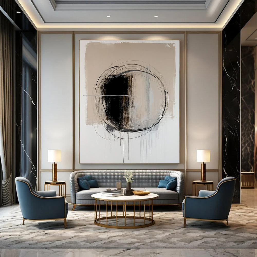 Contemporary hand-painted abstract artwork featuring a black oval with dynamic brush strokes on a serene light beige background. DLZ1010