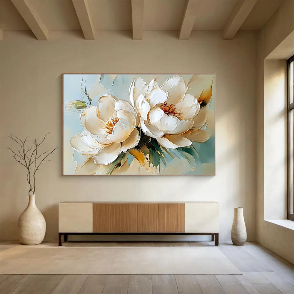 “Cream - colored Peonies on Light Blue” - Cream, Light Blue, White, Cream - colored peonies on light blue - Impasto Oil Painting HB1789