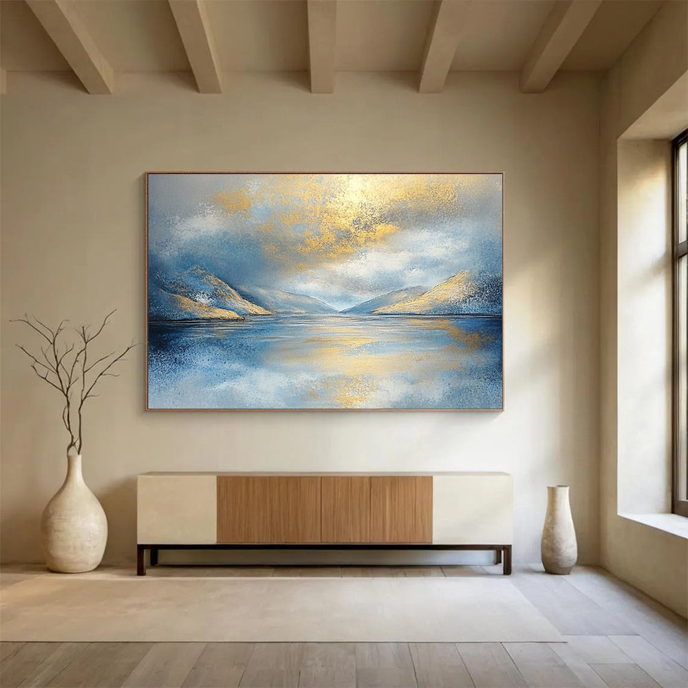“Golden Mountain Reflection” - Blue, Gold, White, Sparkling Lake and Sunlit Peaks Painting On Canvas HB0919