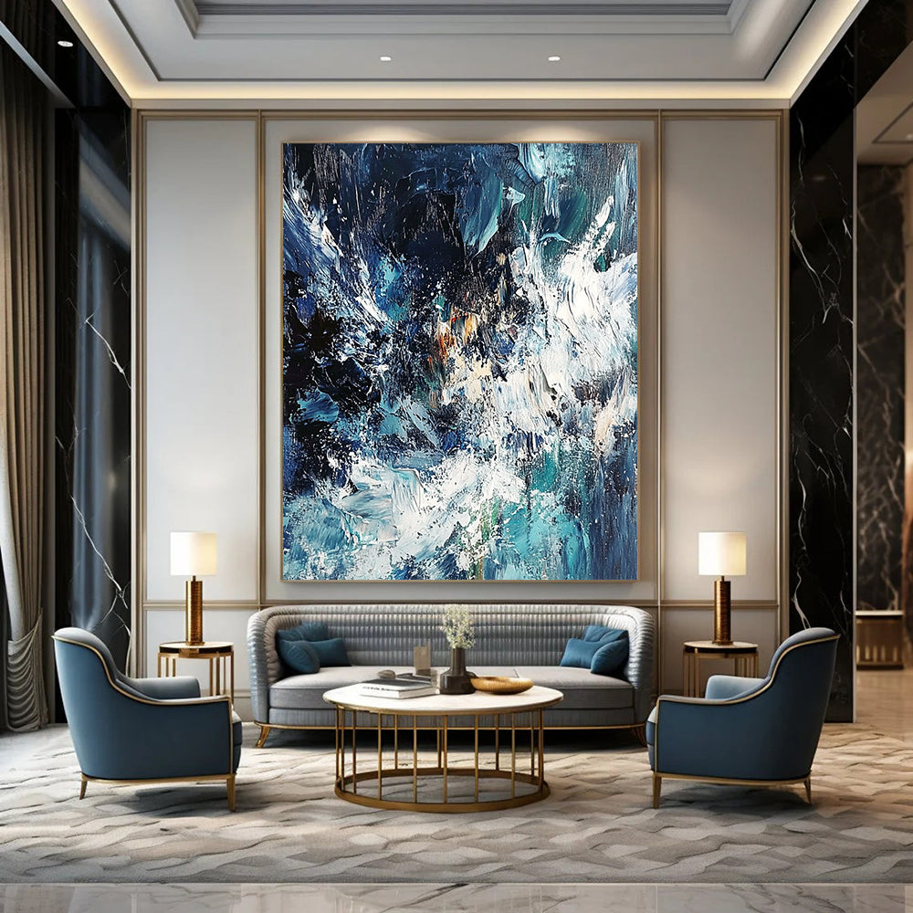 Contemporary abstract painting showcasing an ocean storm with dynamic blue and white waves using thick impasto strokes for dramatic texture and depth. DLZ0579