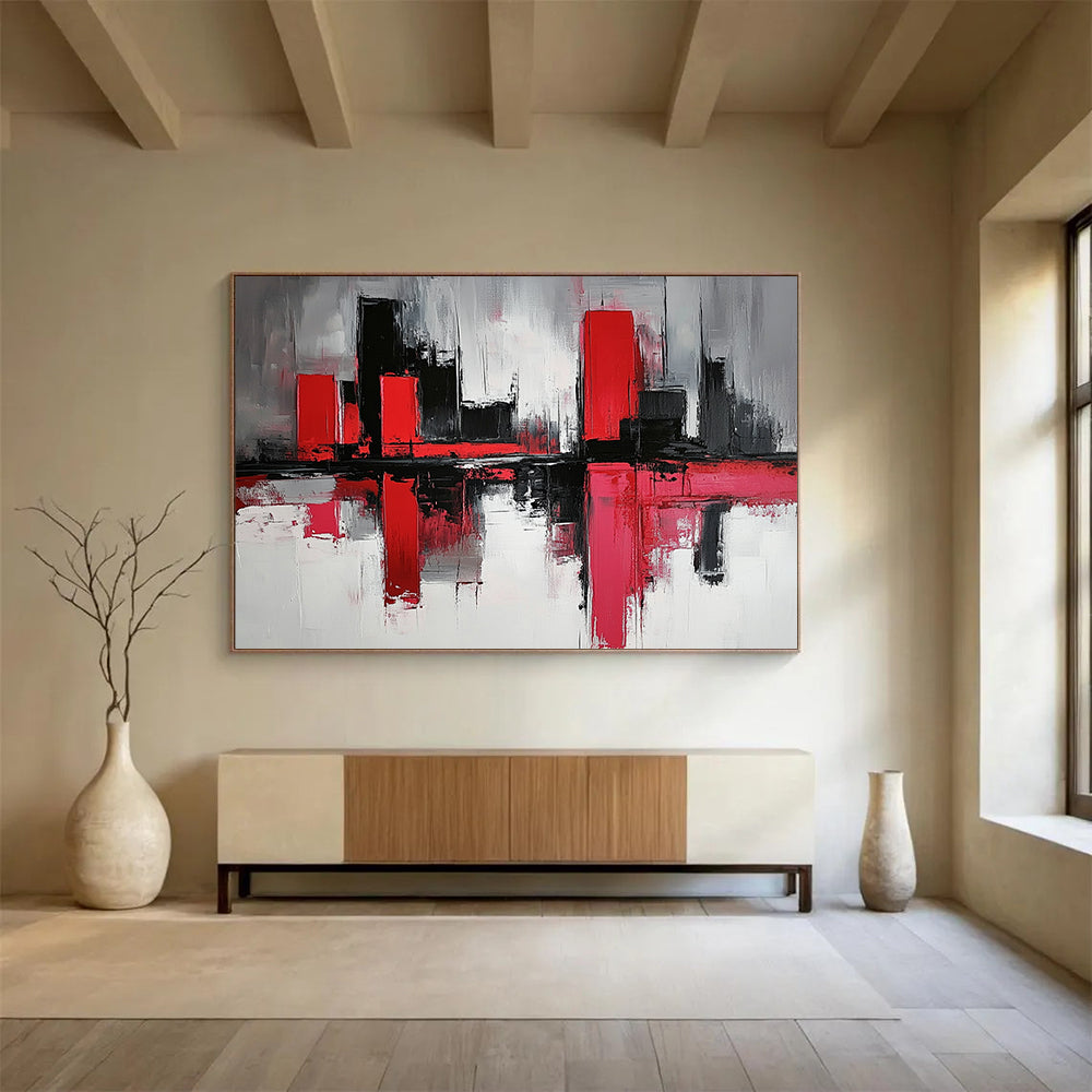 “Abstract Cityscape in Red and Black” - Red, black, white, gray; Abstract cityscape with reflection effects; Acrylic Painting On Canvas HB1272