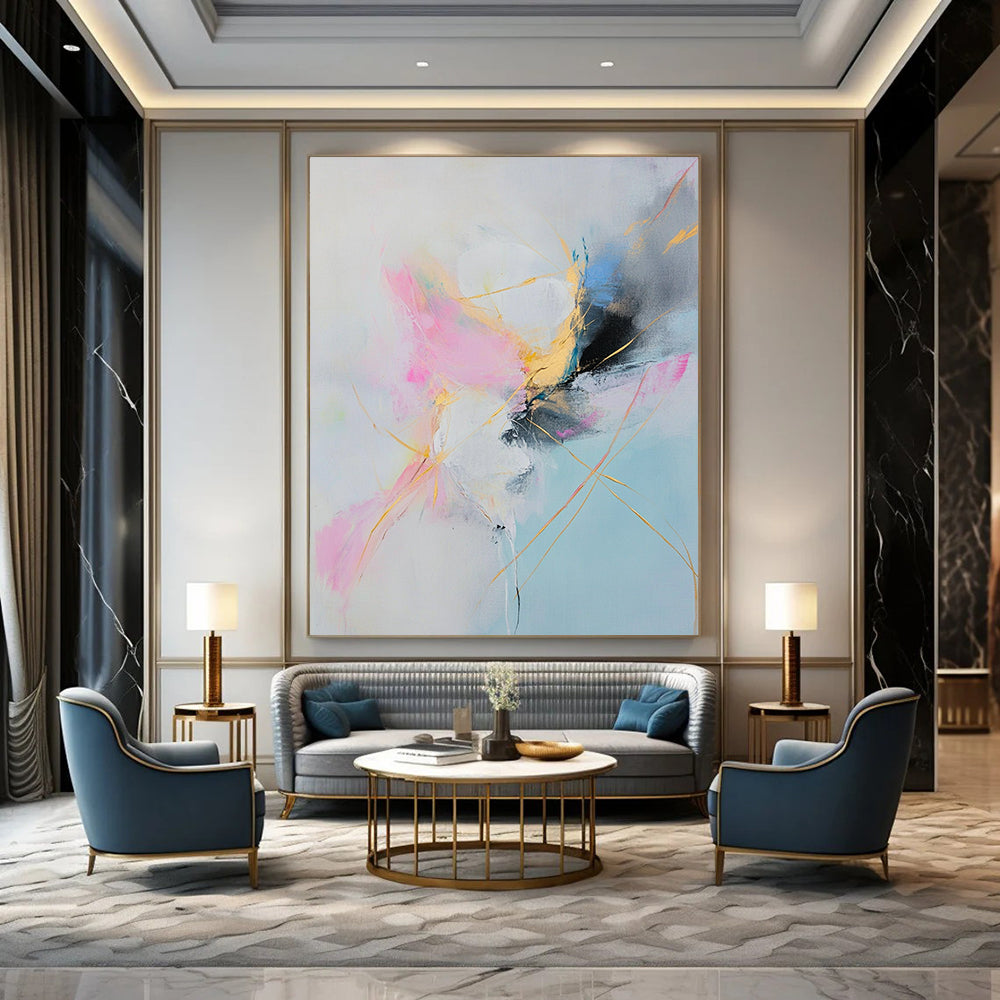 Large contemporary hand-painted abstract artwork featuring soft pastel colors and elegant golden lines in pink white blue yellow light gray and black. DLZ1061