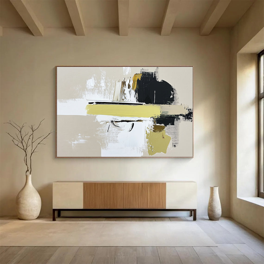 “Abstract Yellow Accent” - Beige, White, Black, Yellow, Dynamic Abstract Shapes Painting On Canvas HB0961