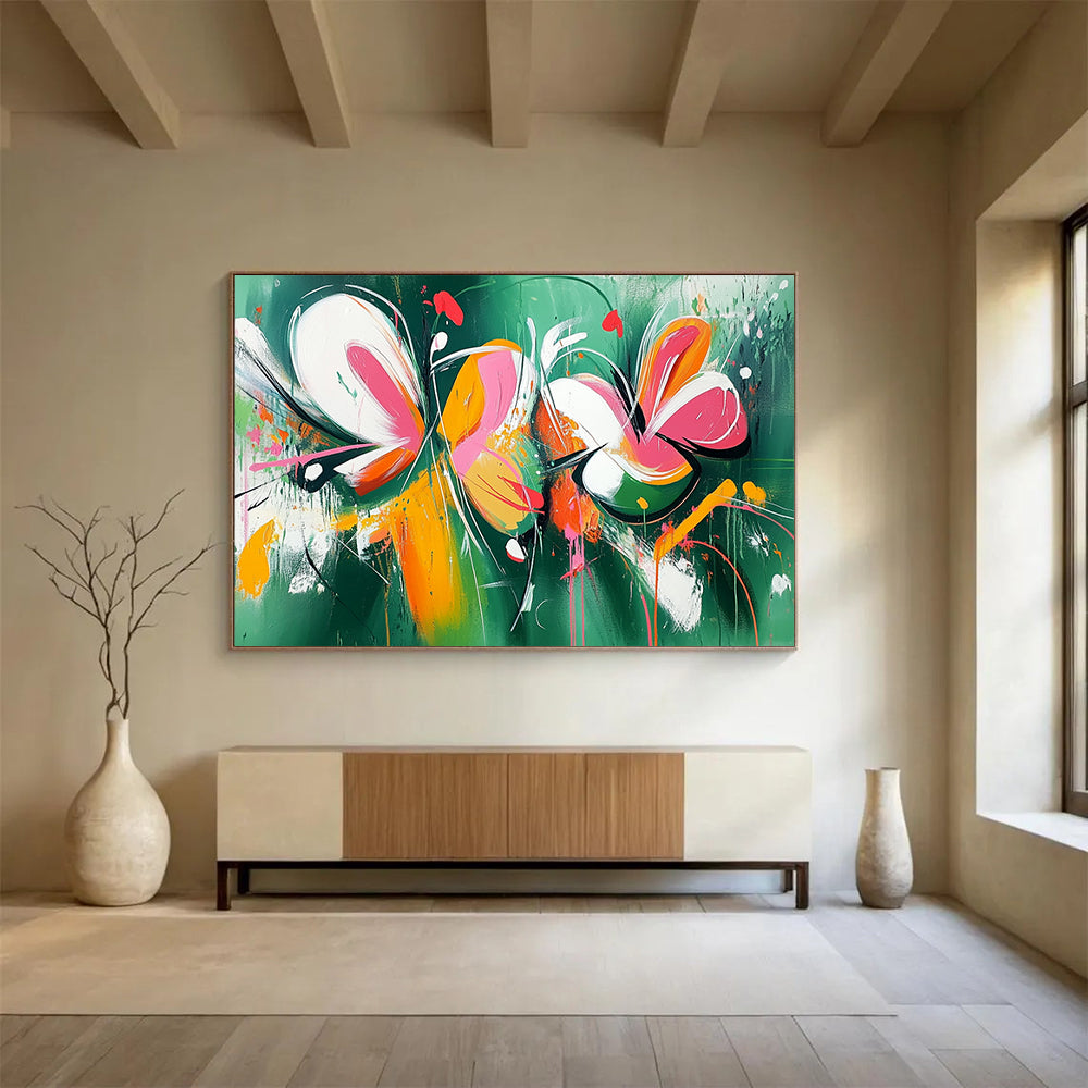“Vibrant Floral Abstraction” - Green, Pink, Orange, Abstract Flowers Painting On Canvas HB0738