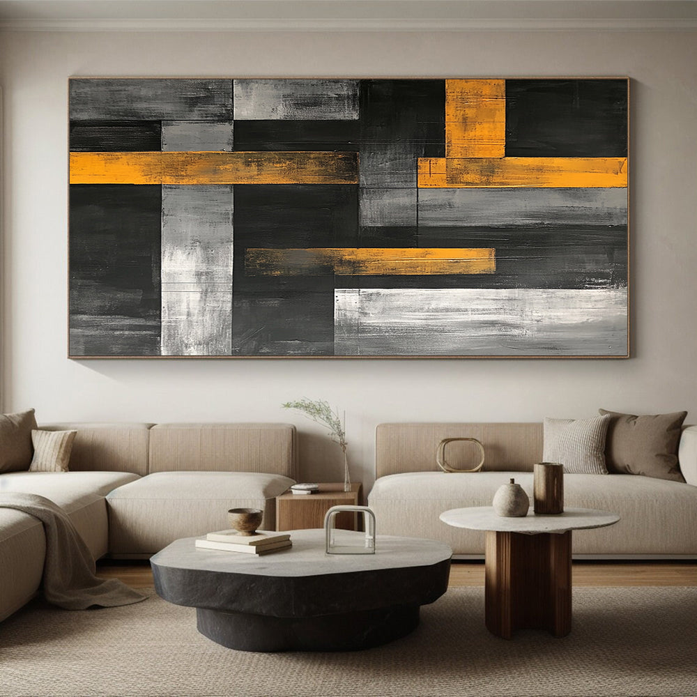 Black, Gray, White and Yellow Geometric Blocks "Urban Rhythm" Painting On Canvas HB351