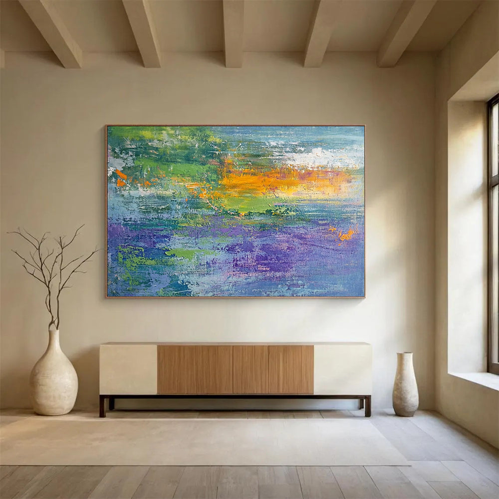 “Vibrant Abstract Field” - Green, Blue, Purple, Orange, Textured Abstract Landscape Painting On Canvas HB1070