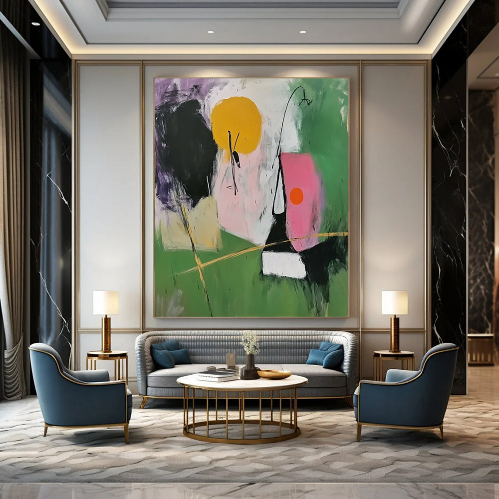 Contemporary abstract painting featuring simple shapes in green and pink with black lines and a central figure holding golden sticks. DLZ0683
