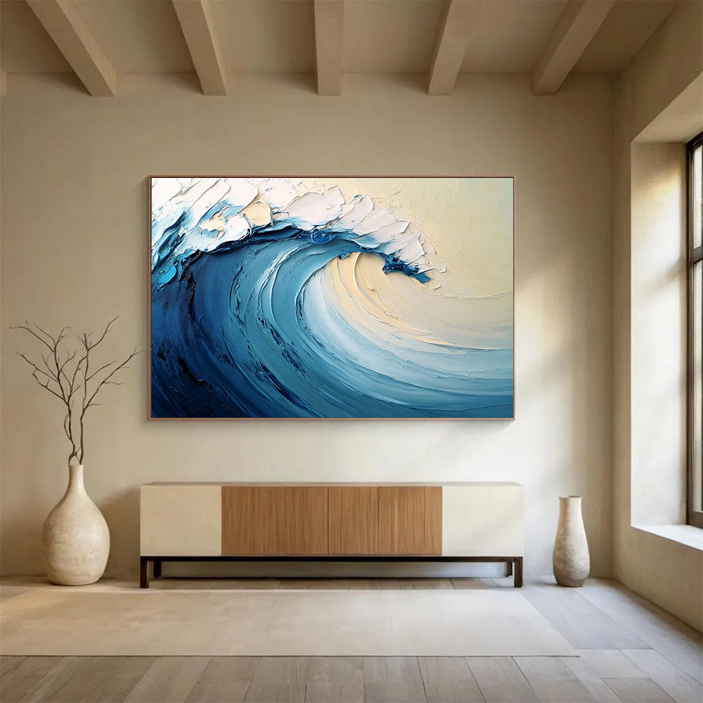 “Smooth Ocean Wave” - Blue, White, Beige, Abstract Surf - Palette Knife Oil Painting HB1505