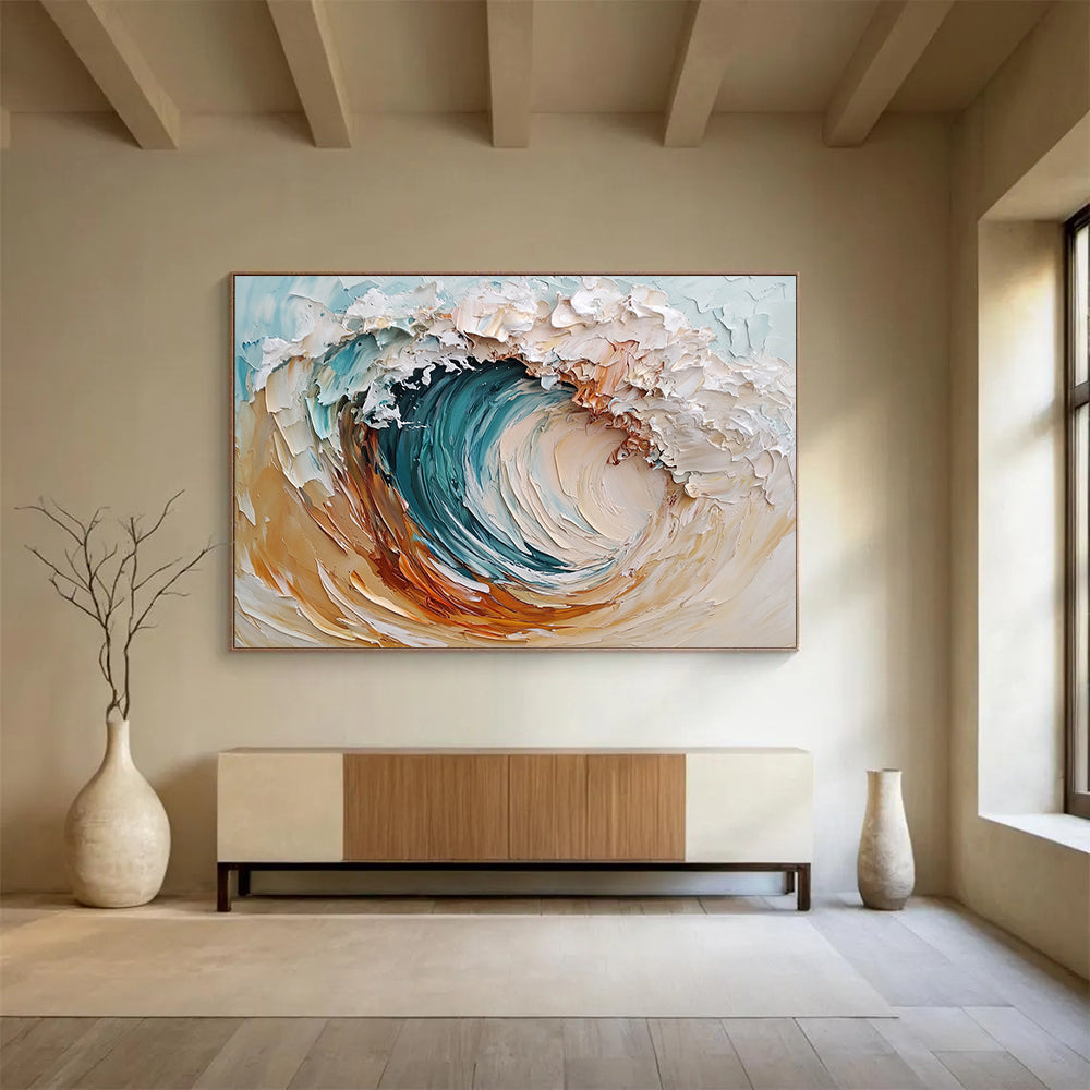 “Textured Ocean Wave” - Blue, White, Brown, Abstract Surf - Impasto Oil Painting HB1501