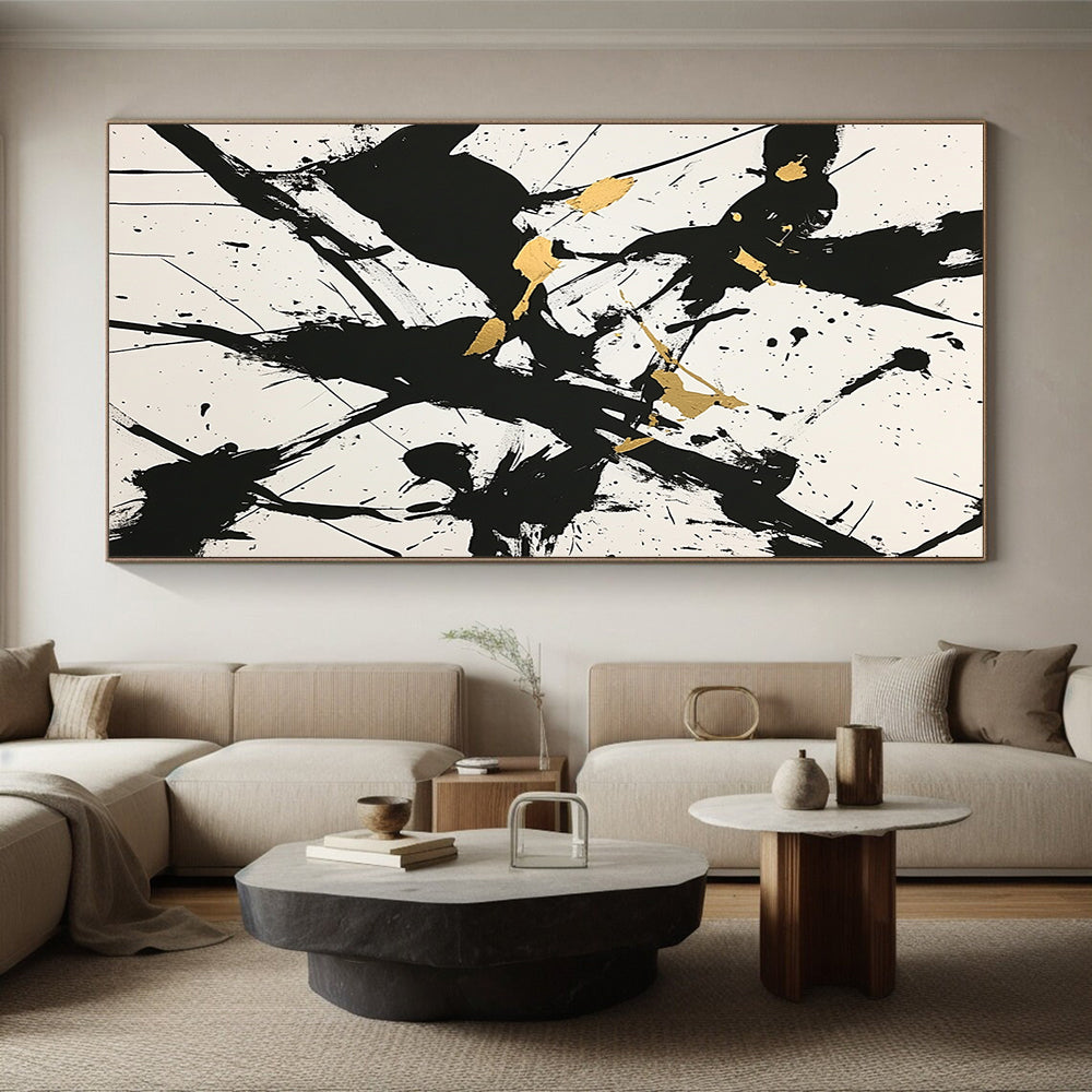 White, Black, Gold, Splattered Shapes "Golden Chaos" Abstract Expressionist Painting On Canvas HB077