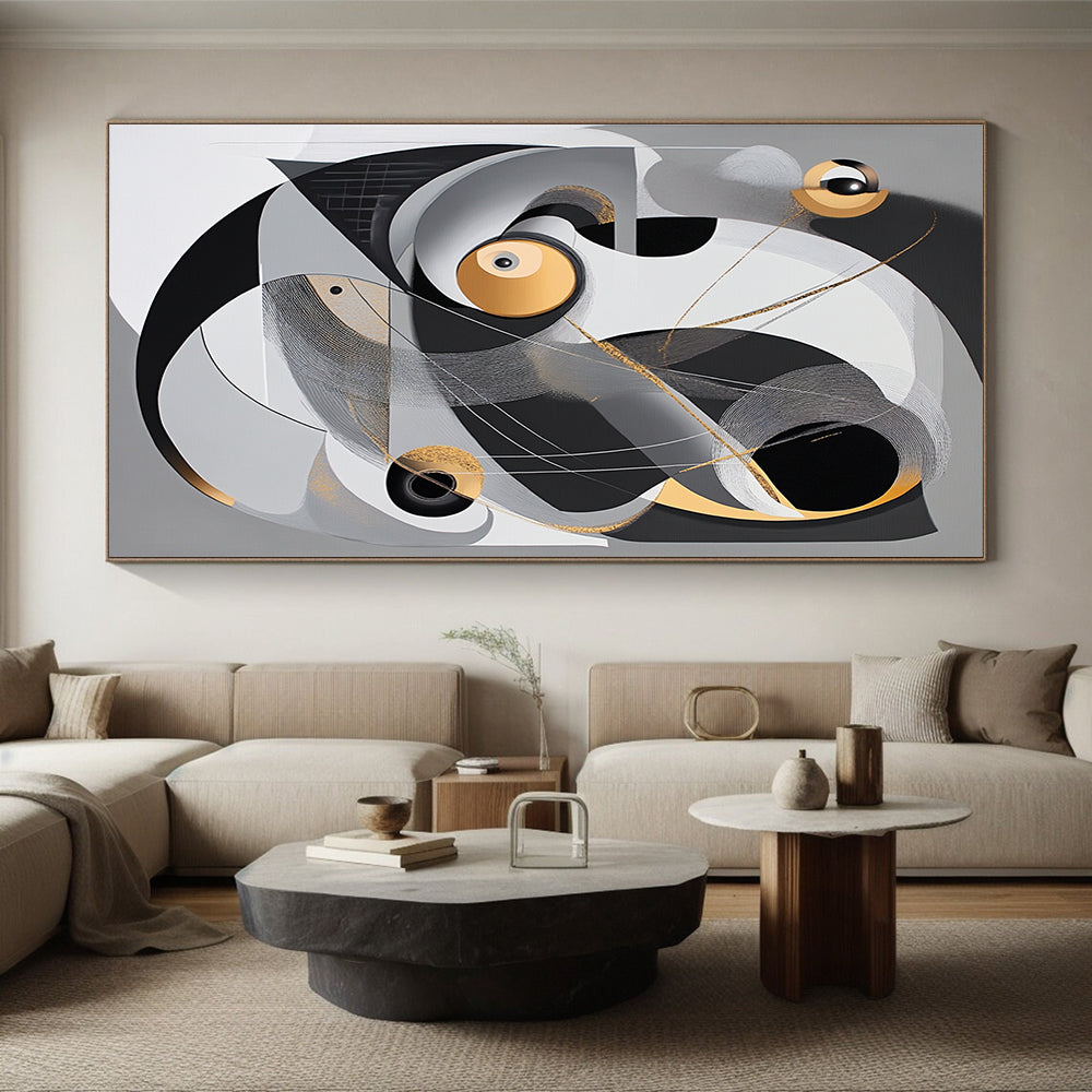 Gray, Black, White, Gold and Silver Abstract Composition "Cosmic Dance" Painting On Canvas HB358