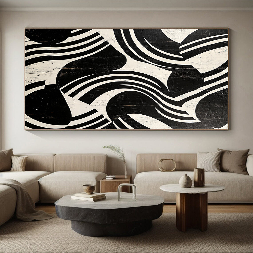 Black and White Curved Stripes "Dynamic Rhythm" Painting On Canvas HB271