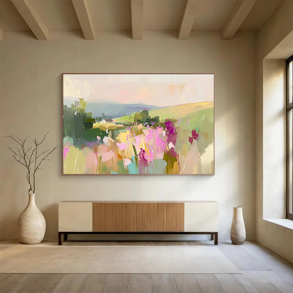 “Pastel Landscape with Flowers” - Pastel Palette, Floral Countryside Painting On Canvas HB0892