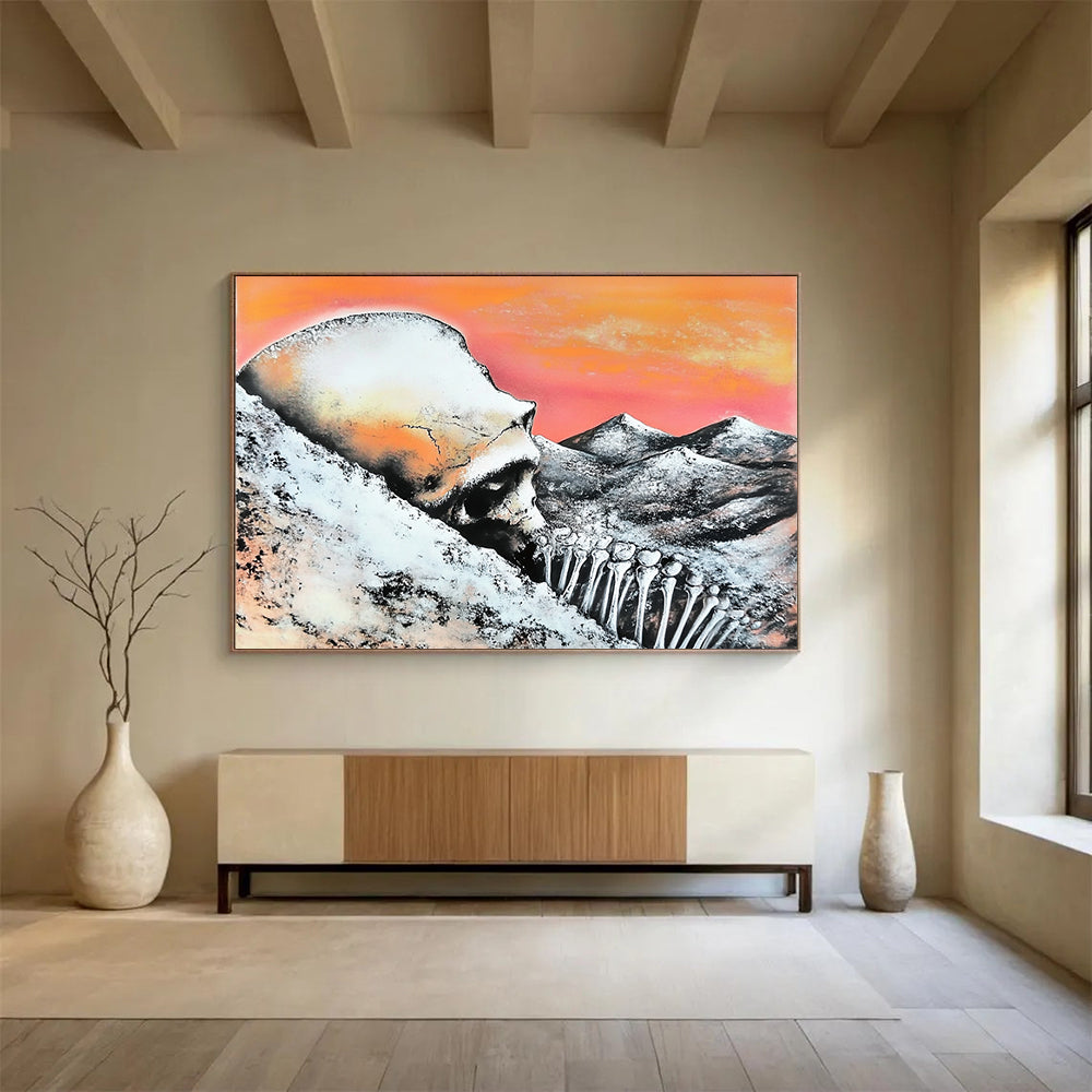 “Skull and Mountains” - Orange, Pink, Gray, Black, Surreal Landscape - Surrealist Acrylic Painting HB1553