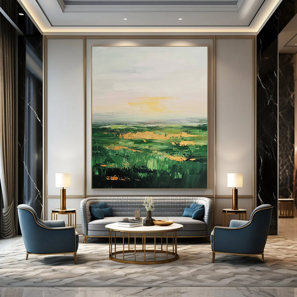 Contemporary abstract art featuring lush green fields and serene sky adorned with neutral tones and elegant gold accents. DLZ0891