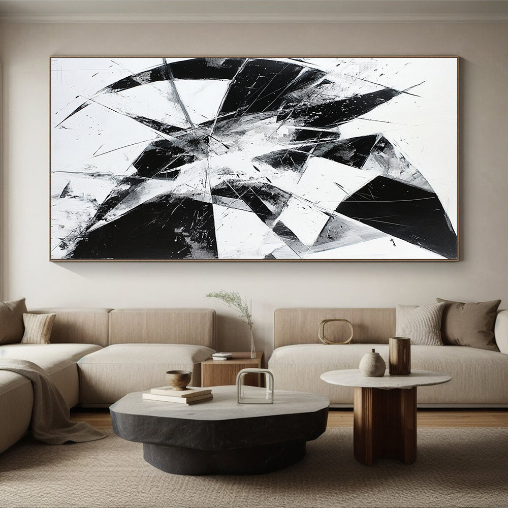 Black and White Geometric Shards "Broken Order" Painting On Canvas HB268