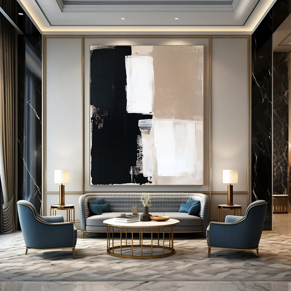Contemporary hand-painted abstract artwork in beige and black tones, featuring white squares on a clean white background, perfect for modern decor. DLZ0694