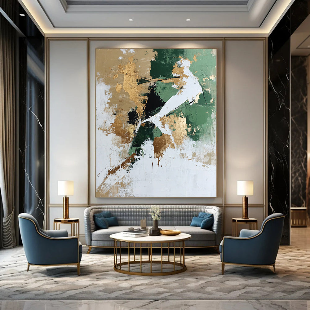 Large contemporary abstract painting featuring white and green tones with gold accents and a dynamic human figure crafted from natural elements. DLZ0780