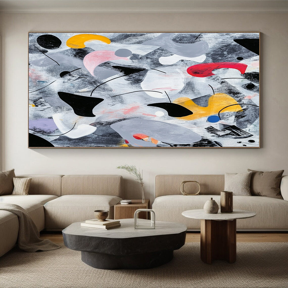 Black, Gray, White, Red, Yellow, Blue and Pink Abstract Melange "Whimsical Dreamscape" Painting On Canvas HB330