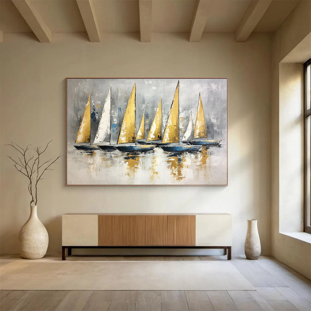 “Gold and Gray Sail Fleet” - Gold, Gray, Blue, Sailboats on Calm Water - Textured Oil Painting HB1733