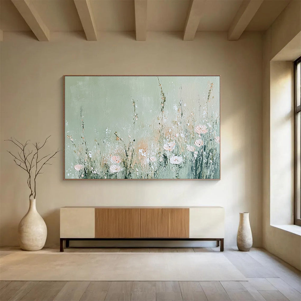 “Minimalist Floral on Sage” - Sage, Pink, Flowers, Textured Painting On Canvas HB0758