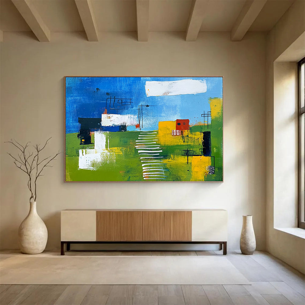 “Colorful Landscape Abstract” - Blue, Green, Yellow, White, Abstract Landscape - Painting On Canvas HB1415