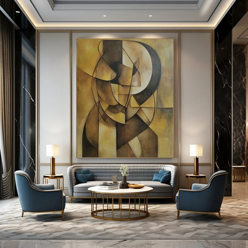 Contemporary hand-painted abstract artwork featuring geometric shapes and earthy tones on a muted yellow background, emphasizing depth and simplicity. DLZ1238