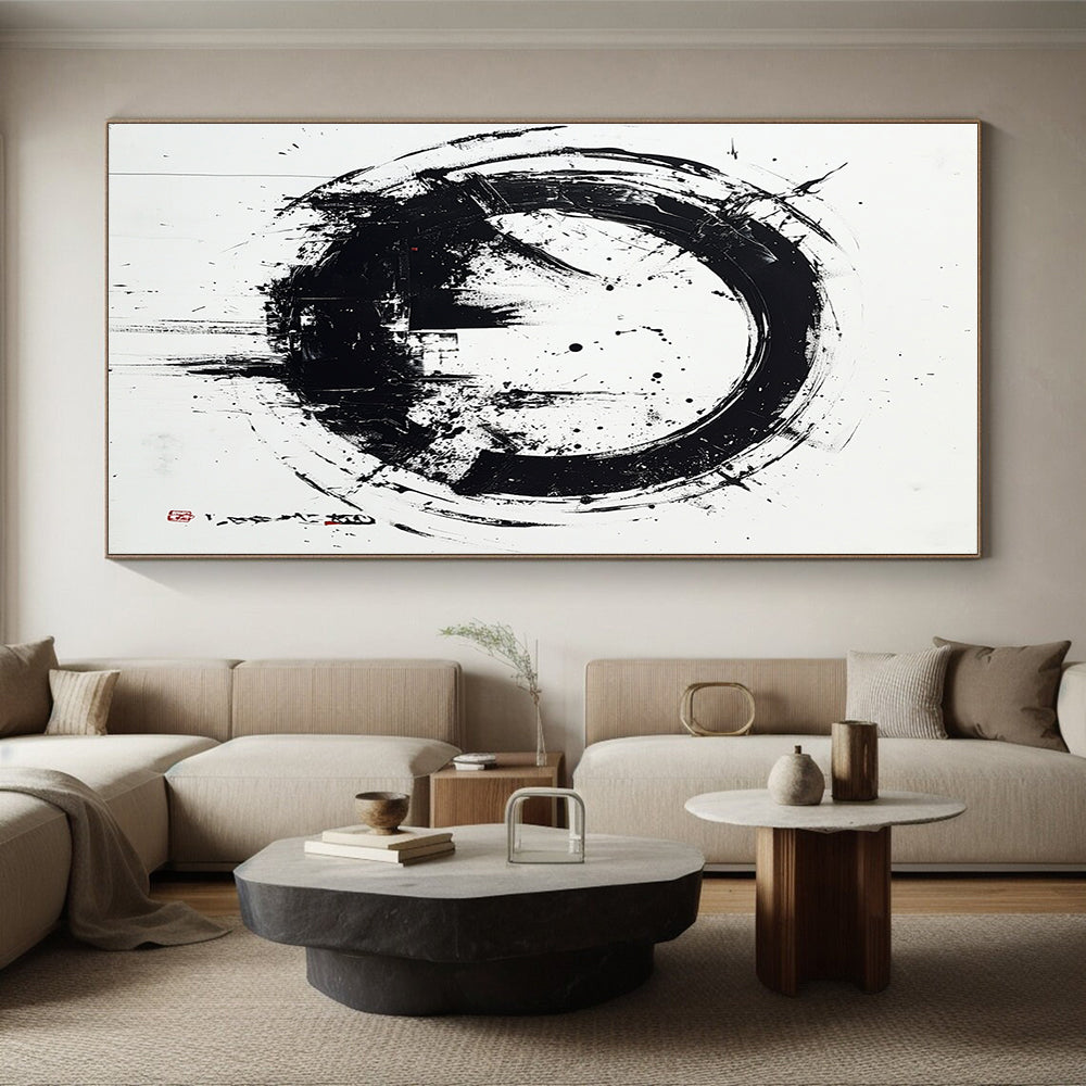 Black and White Circular Ink "Zen Circle" Painting On Canvas HB252