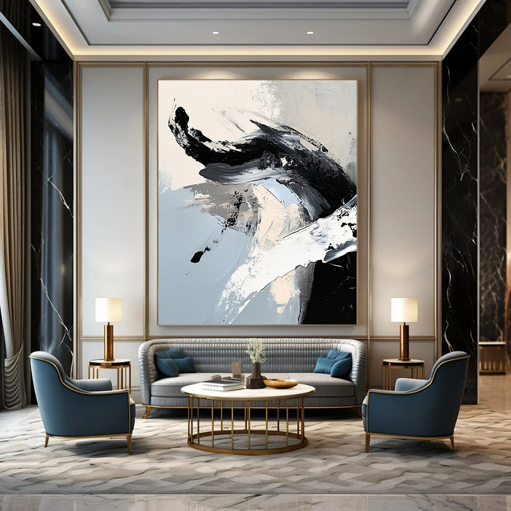 Contemporary abstract painting features striking black and white brushstrokes with a dragon-like shape in ink-like detail, embodying minimalistic expressionism. DLZ0736