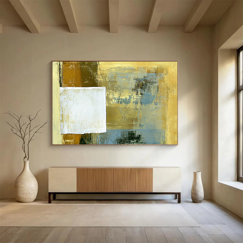 “Textured Gold - Blue Square” - Layered gold and blue with a raw - edged white square, Mixed - Media Abstract Painting On Canvas HB0541