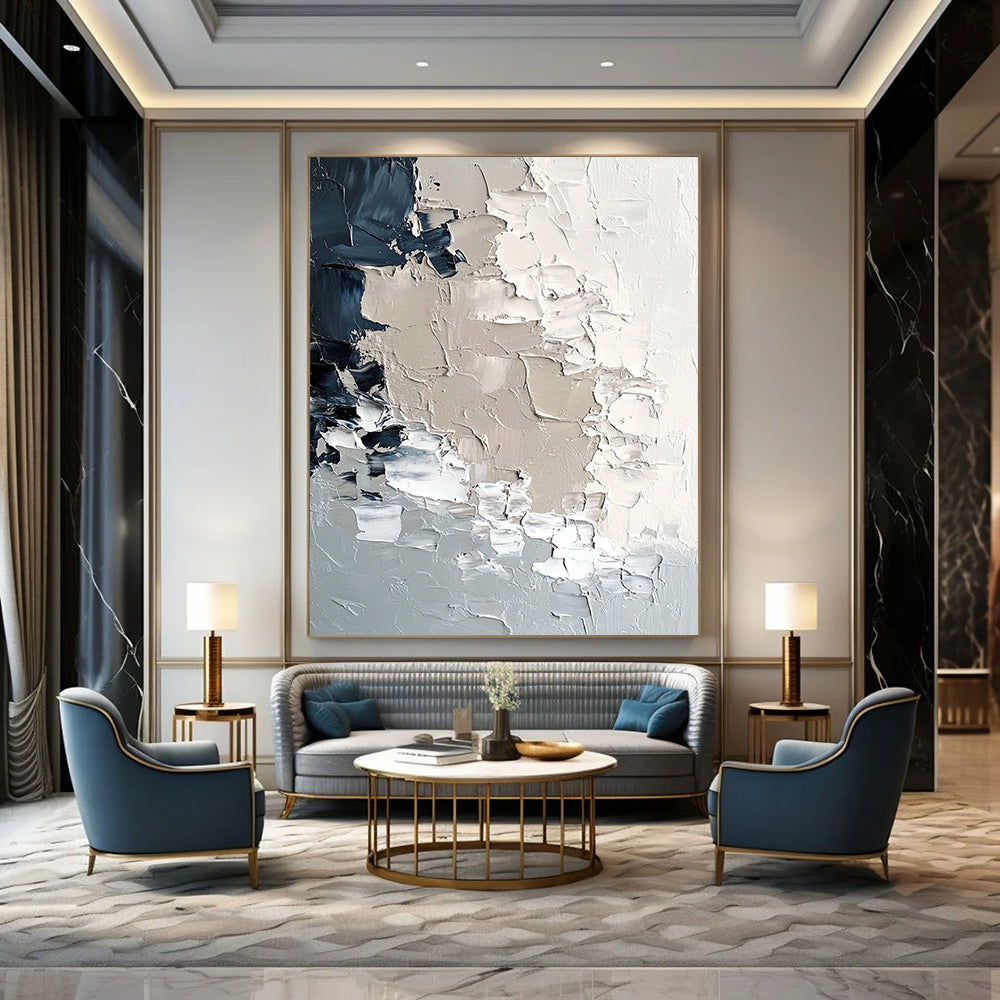 Contemporary hand-painted abstract art featuring textured icebergs in soft neutral tones and melting snowflakes, evoking a modern minimalist aesthetic. DLZ0427