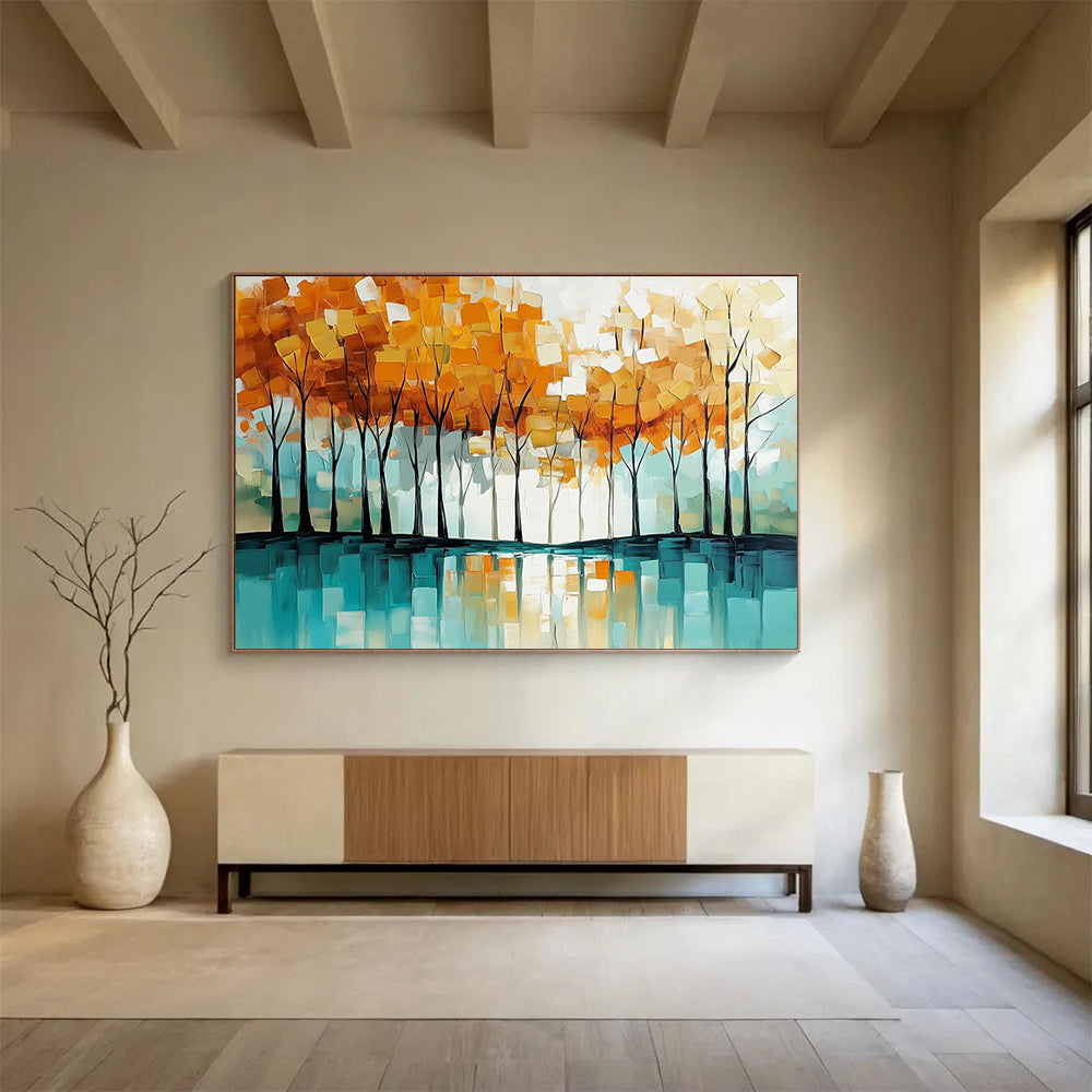 “Autumn Tree Reflection” - Orange - yellow trees, teal reflection, Abstract Landscape Painting On Canvas HB0566