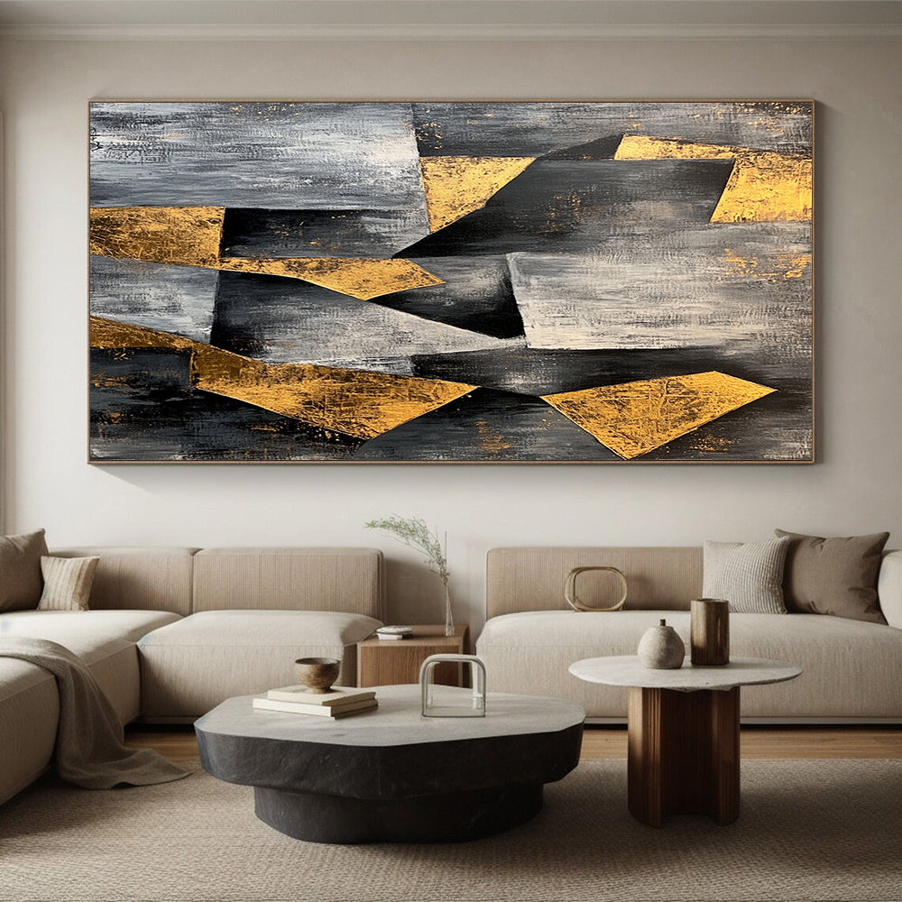Gray, Black, White, Gold, Angular Shapes "Golden Structure" Abstract Modernist Painting On Canvas HB080
