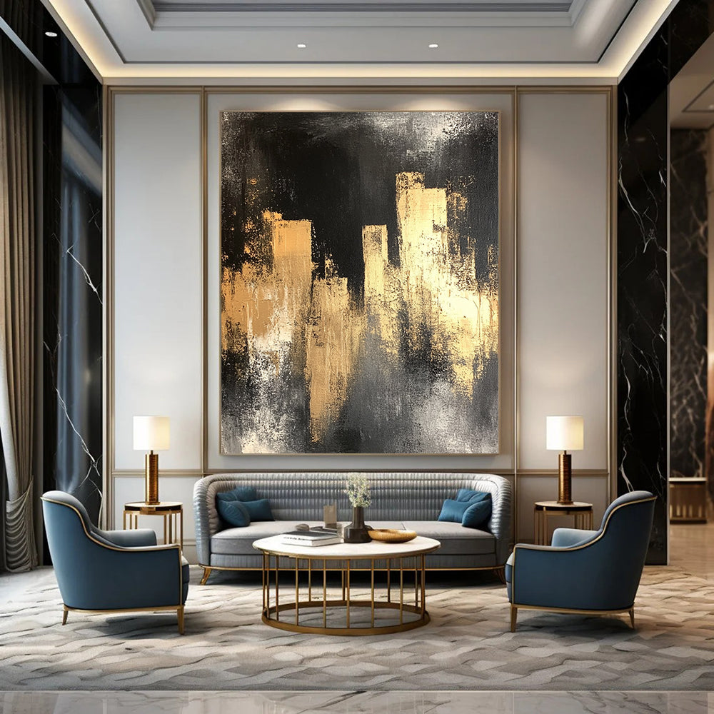 Contemporary hand-painted abstract art featuring a black silhouette of city lights with gold and silver hues on a distressed dark grey background. DLZ0901