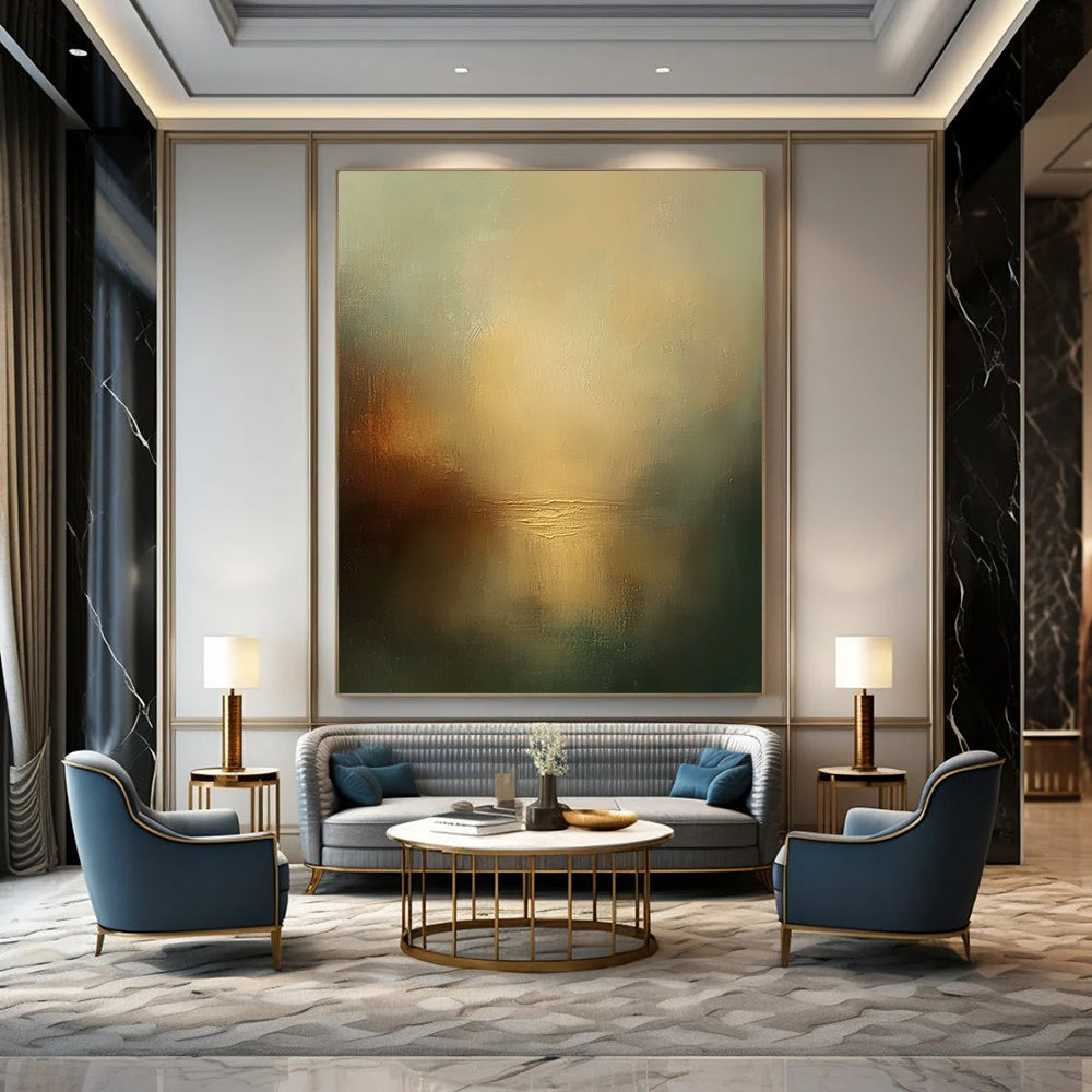 Contemporary abstract painting featuring a misty sky and tranquil water with muted colors creating an atmospheric ambiance. DLZ0474