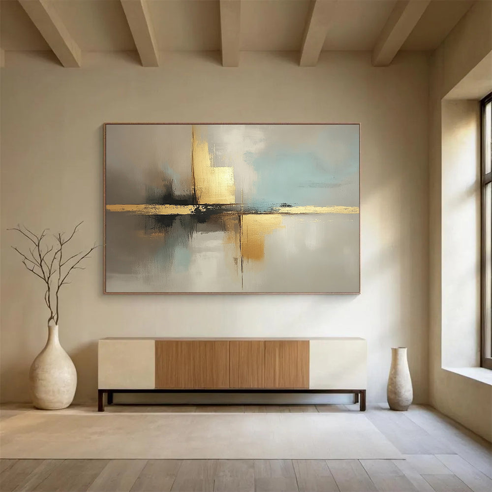 “Neutral Tones with Gold Cross” - Beige, light blue, gray, gold; Abstract cross with gold in neutral tones; Acrylic Painting On Canvas HB1248