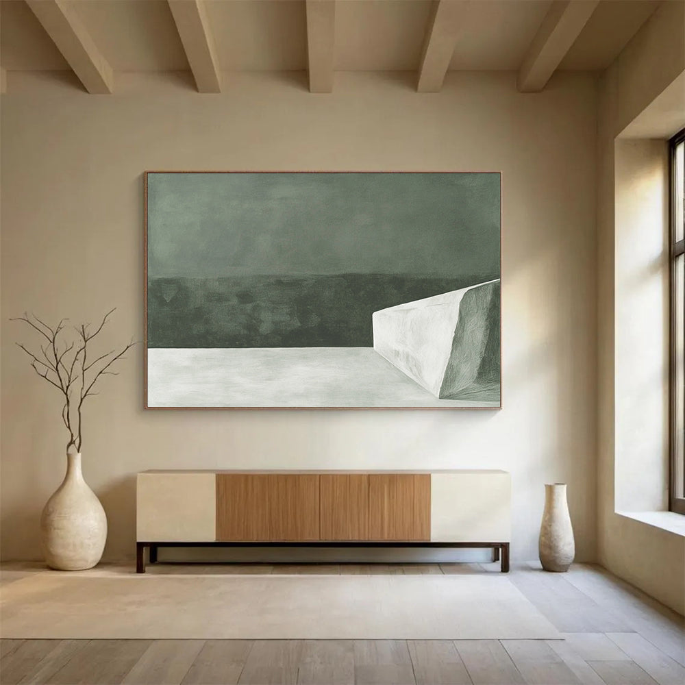 “Monochrome Minimalist Block” - Dark green backdrop with a stark white geometric form, Minimalist Abstract Painting On Canvas HB0537